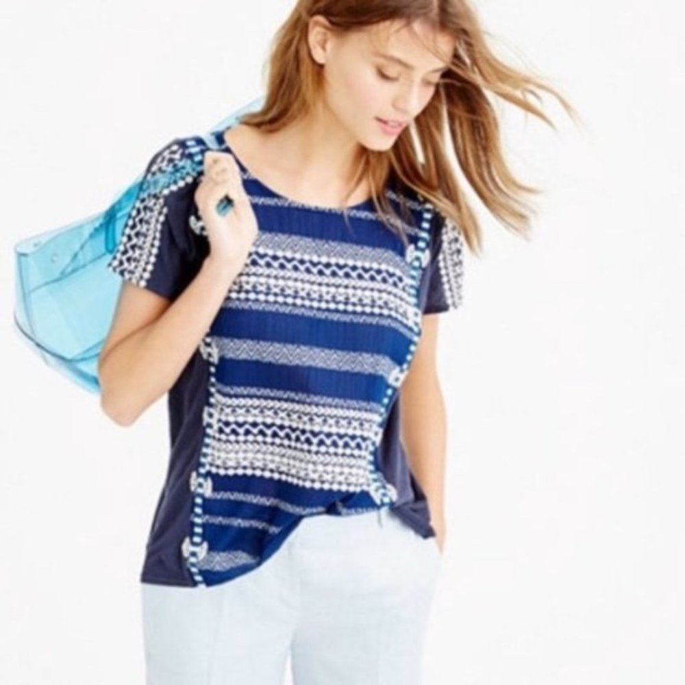 J. Crew Embroidered Blue and White Linen Tee XS